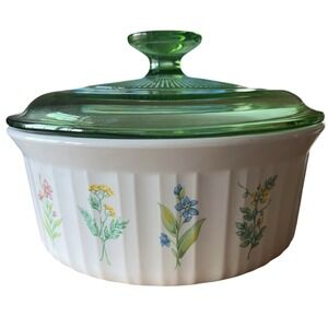 Corning Ware Baking Dish 1.6 Liter French White My Garden Green Glass Lid Vtg